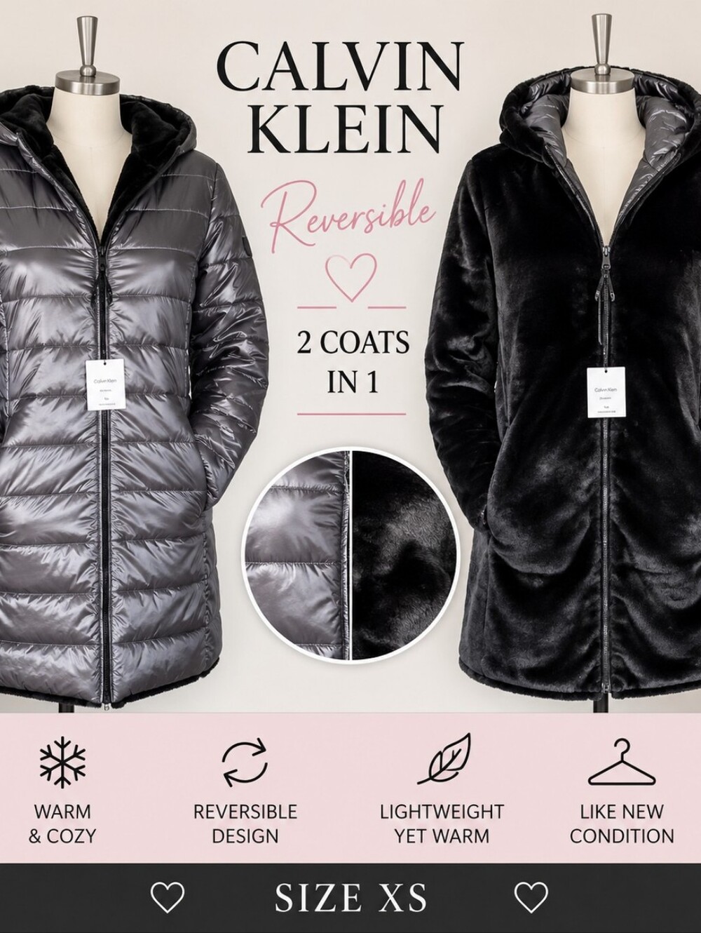 Calvin Klein Reversible Faux Fur Puffer Coat XS Metallic Gray Winter Jacket